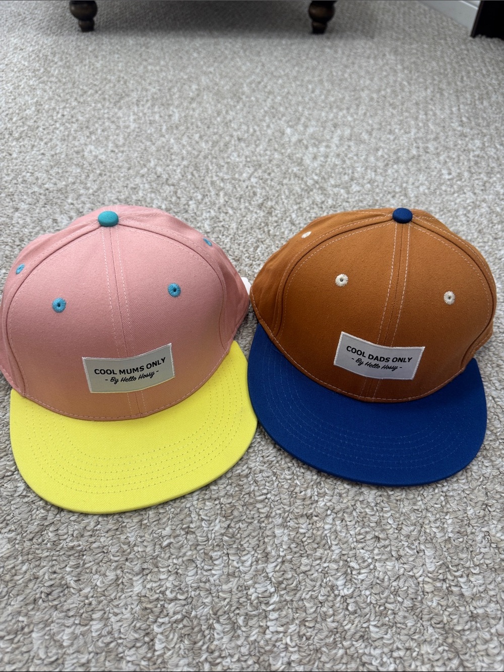 Pair of Colorblock Snapback Hats - Pink/Yellow & Brown/Blue $30 for 2